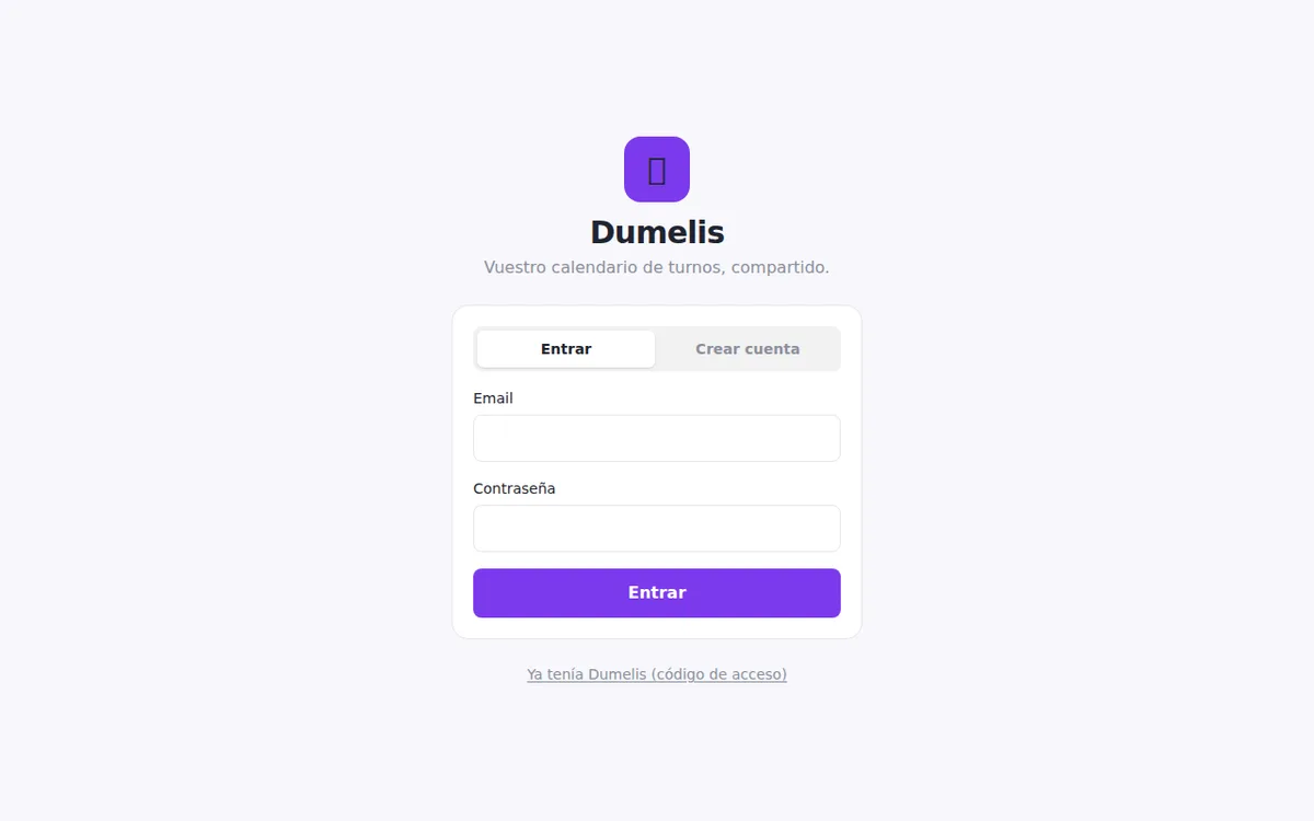Captura de Dumelis — calendario de turnos compartido